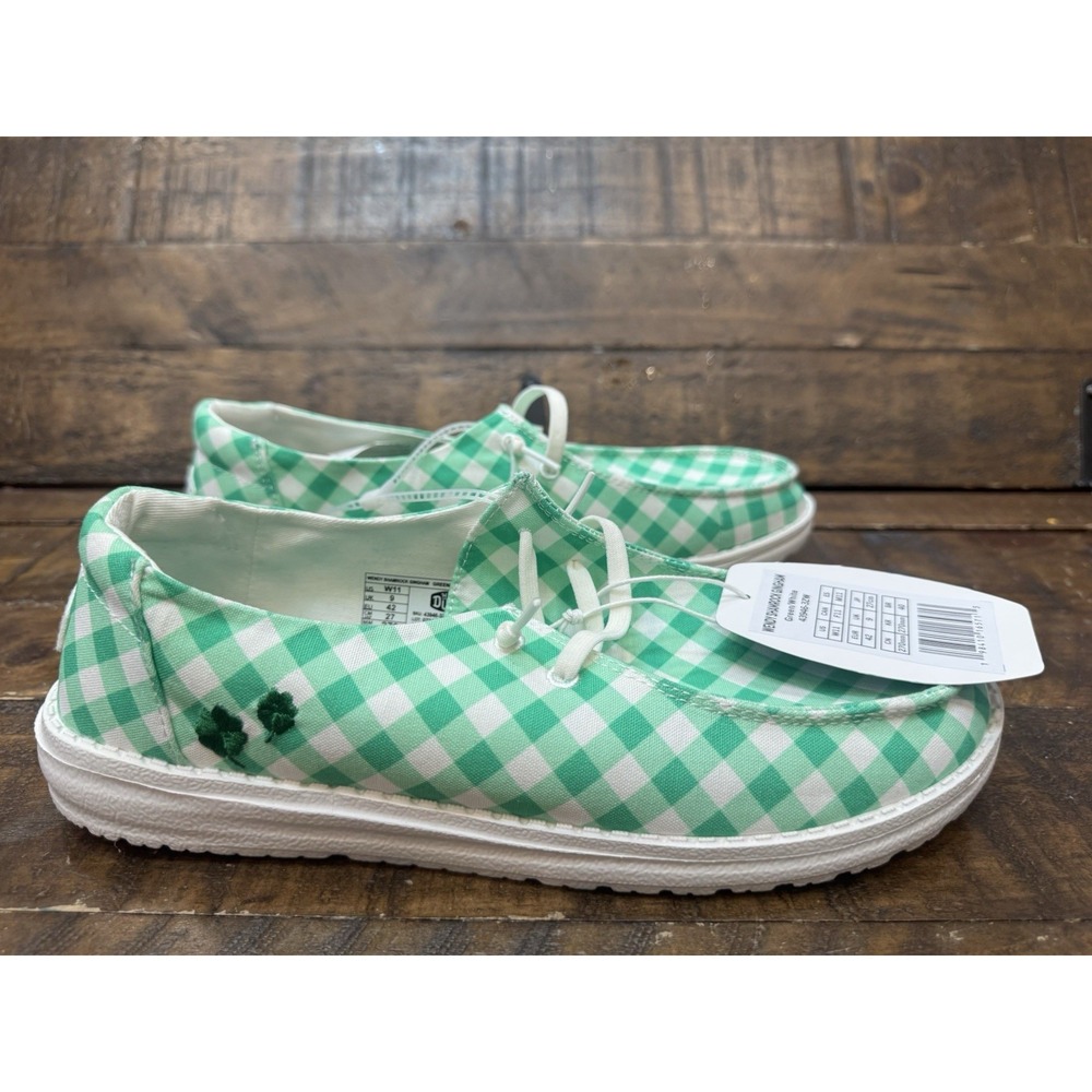 Hey Dude Wendy Shamrock Gingham Green White Casual Slip-onโ Shoes Size 11